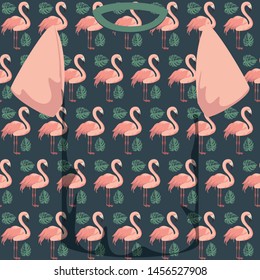 Flamingo seamless pattern stylish t-shirt and apparel trendy design with palm trees silhouettes, typography, print, vector illustration. Global swatches.