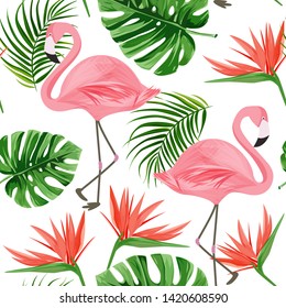 Flamingo seamless pattern. Summer tropical background with bird of paradise flower, monstera and palm leaves.