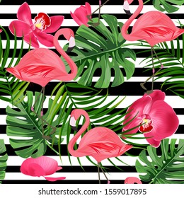 Flamingo seamless pattern. Summer tropical background with orchids, monstera and palm leaves.