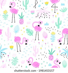 Patrón sin fisuras de flamenco. Verano fondo vectorial tropical con lindos pájaros rosados en la jungla. Sencillo estilo de caricatura escandinava infantil dibujado a mano. Paleta limitada para la impresión textil para bebés