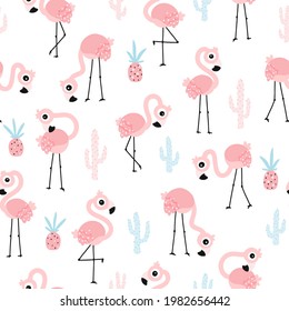 Flamingo seamless pattern. Summer tropical vector background with cute pink birds in the jungle. Simple childish hand-drawn scandinavian cartoon style. Limited palette for baby textile printing