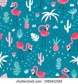 Flamingo seamless pattern. Summer tropical vector background with cute pink birds in the jungle. Simple childish hand-drawn scandinavian cartoon style. Limited palette for baby textile printing