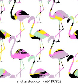 Flamingo seamless  pattern. Vector tropical exotic texture. Hand drawn birds. Brush stroke