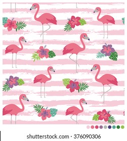 Flamingo seamless vector pattern with hibiscus on brush striped background