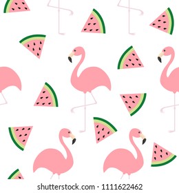 Flamingo set. Seamless Pattern Exotic tropical bird. Watermelon triangle slice seeds. Zoo animal collection. Cute cartoon character. Decoration element. White background. Isolated. Flat design. Vector