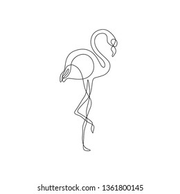 Flamingo Silhouette Continuous Line Drawing Single Line, Beautiful Bird, Isolated On A White Background Vector Illustration. Tattoo, Print For Clothes And Logo Design, 