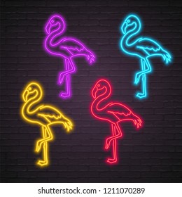 Flamingo Silhouette Different Color Version Neon Light Glowing Vector Illustration 