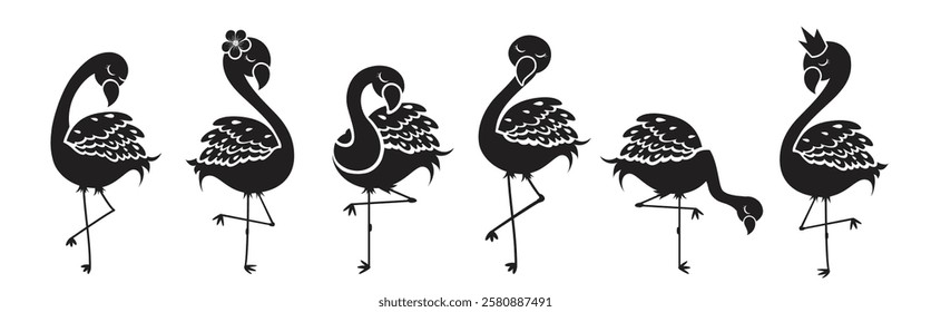 Flamingo silhouette drawing clipart set. Summer flamingo clipart collection for logo and symbol bird icon elements vector illustration.