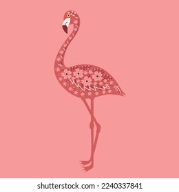 Flamingo silhouette with flowers. Vector illustration on pink background