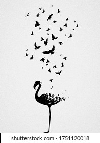 Flamingo silhouette, flying birds. Endangered animal. Life and death. Wildlife protection concept. Metaphor black and white art poster. Vector illustration for prints, t-shirts