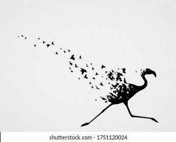 Flamingo silhouette, flying birds. Endangered animal. Life and death. Wildlife protection concept. Metaphor black and white art poster. Vector illustration for prints, t-shirts