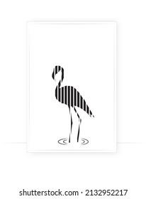 Flamingo silhouette isolated on white background, vector. Scandinavian minimalist poster design in frame. Modern wall art,  artwork. Graphic design, Geometric tropical bird
