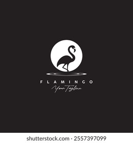 flamingo silhouette logo standing on water with moon background as design inspiration