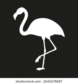 Flamingo silhouette logo. White flamingo icon isolated on black background. Vector illustration.