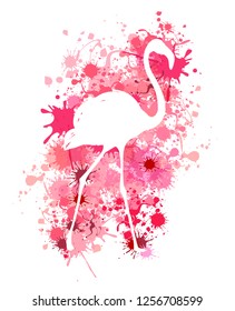Flamingo silhouette on background made of paint splatters, vector