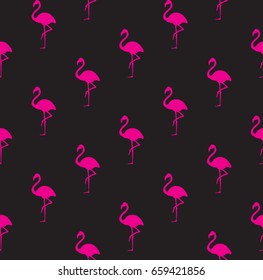 Flamingo silhouette on black background. Seamless pattern.