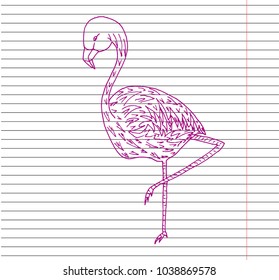 Flamingo silhouette on copybook background. hand drawn vector Illustration.