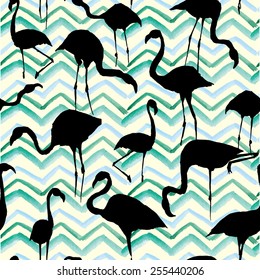 flamingo silhouette pattern, zigzag watercolor  background