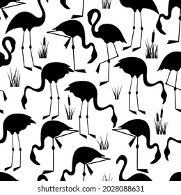 Flamingo silhouette with reed. Seamless pattern.
