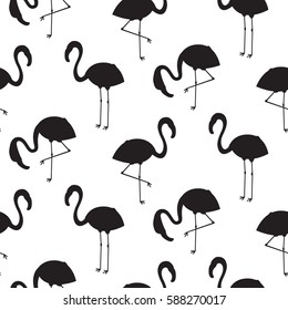 Flamingo silhouette seamless vector texture. Black and white bird stencil pattern.