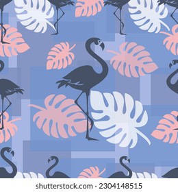 Flamingo silhouette. Vector blue background in squares. Seamless pattern with textured flamingos. 