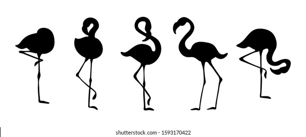 Flamingo silhouettes set. Black objects on white background. Flat vector illustration.