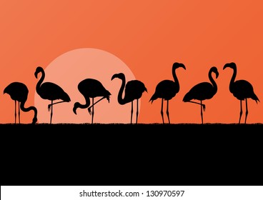 Flamingo silhuettes in sunset landscape illustration background vector
