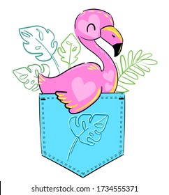 Flamingo sits in a pocket childish print. Children's theme for textiles, fashion. Trends summer prints vector illustration.