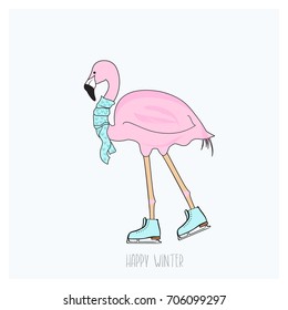 Flamingo is skating. Winter card