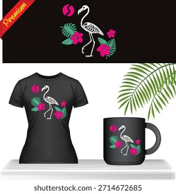 Design De Esqueleto De Flamingo Em Camisa Preta E Caneca Com Folhas Tropicais E Flores