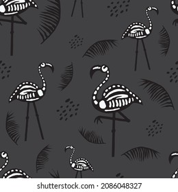 Flamingo skeletons Halloween black vector seamless repeat pattern.