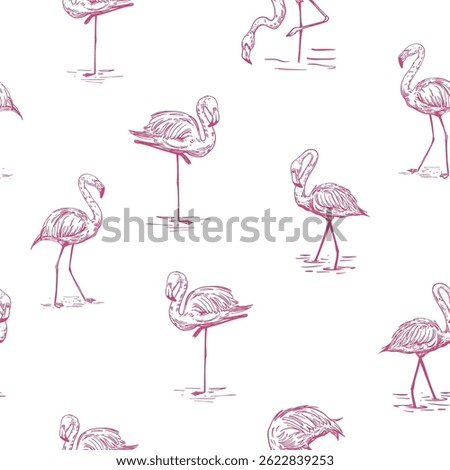 Flamingo  sketch, seamless pattern, set illustration,  vector, hand drawn, monochrome