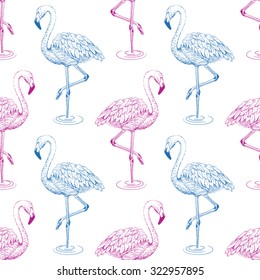 Flamingo sketch seamless pattern, vector illustration.