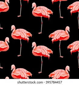 flamingo sketch vector illustration seamless. tropical theme, the idea of textiles, fashion trend, flamingo pattern on a black background.