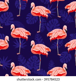 flamingo Sketch Vektorillustration Illustration nahtlos. tropisches Thema, die Idee von Textilien, Mode-Trend, Flamingo-Muster auf blauem Hintergrund.