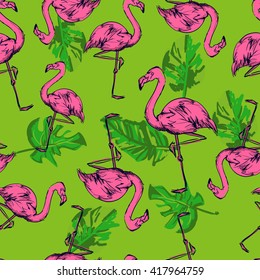 flamingo sketch vector illustration seamless. tropical theme, the idea of textiles, fashion trend, flamingo pattern on a green background
