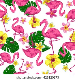 flamingo sketch vector illustration seamless. tropical theme, the idea of textiles, fashion trend, flamingo pattern on a green background