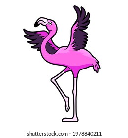Flamingo with spread open black wings cartoon icon. Pink beautiful bird standing on one leg going to step. Symbol of love, serenity, caring for family. Vector illustration isolated on white.
