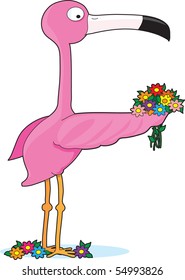 A flamingo standing with a bouquet. He is in the shape of a letter F