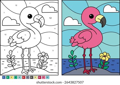 Flamingo Standing Color By Number Coloring Page. Cute Cartoon Pink Bird Illustration, Educational Activity Worksheet or Book Page for Kids and Children to Learn and Play.