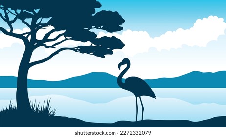 a flamingo standing in front of a lake with mountains and clouds sky