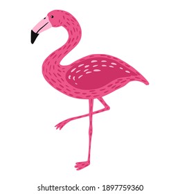 Flamingo standing on one leg isolated on white background. Cute bird pink color with long neck and legs. Exotic animal from Africa. In doodle style vector illustration.