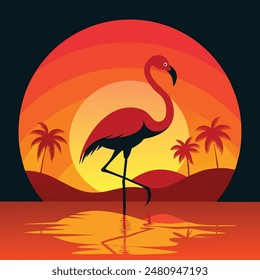 Flamingo stands gracefully in shallow water, bathed in the warm hues of a vibrant sunset.