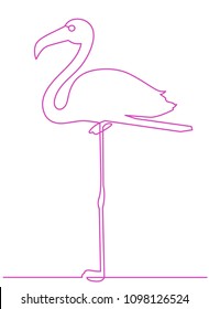 Flamingo staying on one leg continuous line drawing element isolated on white background. Vector illustration of bird form in trendy outline style.