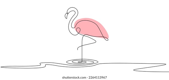 Flamingo staying on one leg one line art. Animal sign. Pink bird. Minimalistic design. Continious line drawing. Decorative element. 