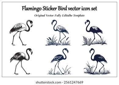 Flamingo Sticker Bird vector icon set, silhouette style white background.