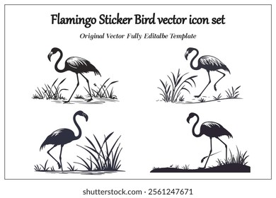 Flamingo Sticker Bird vector icon set, silhouette style white background.