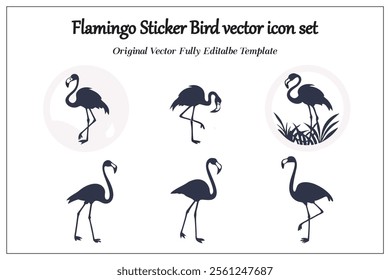 Flamingo Sticker Bird vector icon set, silhouette style white background.