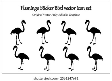 Flamingo Sticker Bird vector icon set, silhouette style white background.