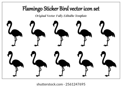Flamingo Sticker Bird vector icon set, silhouette style white background.